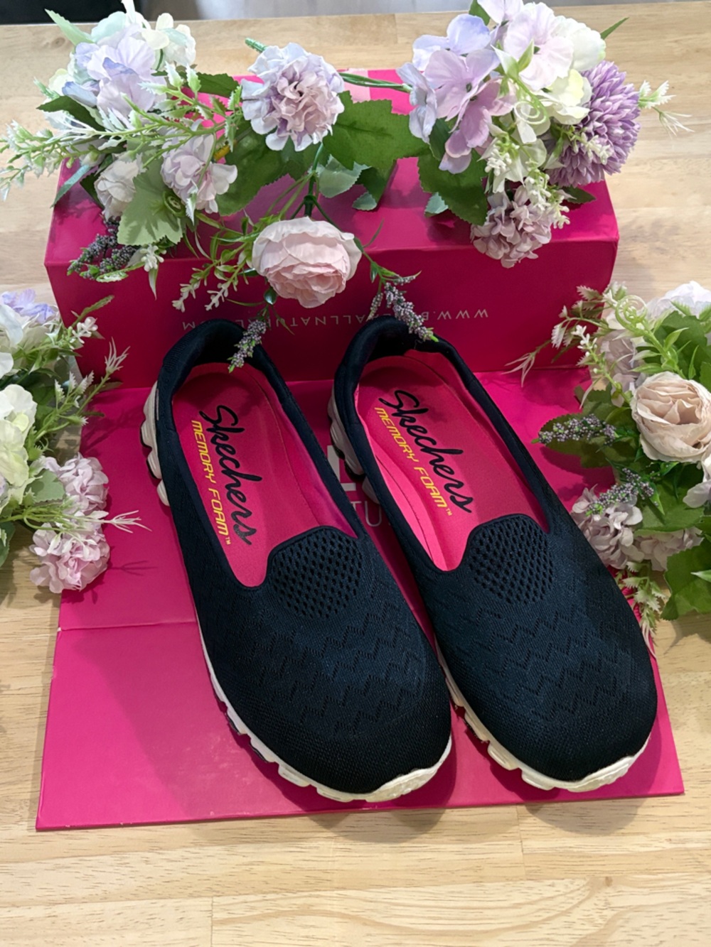Skechers Black Slip-On Athletic Shoes with Pink Insole